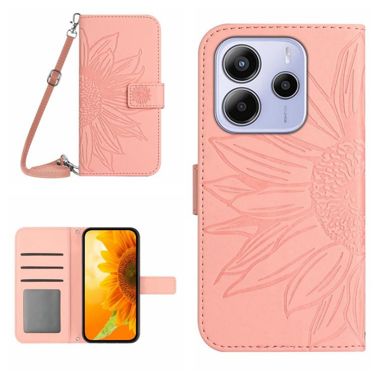 Skin Feel Sun Flower Embossed Flip Leather Phone Case with Lanyard, For Redmi Note 14 4G 163.25mm, For Redmi Note 14 5G, For Redmi Note 14 Pro+ 5G, For Redmi 14C 4G