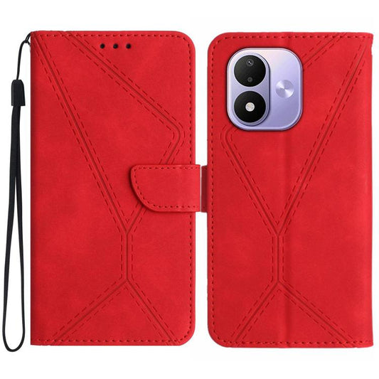 Red leather-style folio phone case with embossed stitching and flap, wrist strap