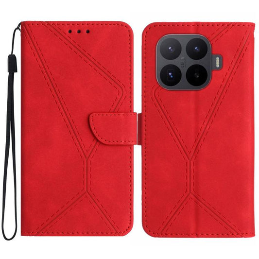 Red embossed leather folio phone case with stitched pattern and magnetic flap closure