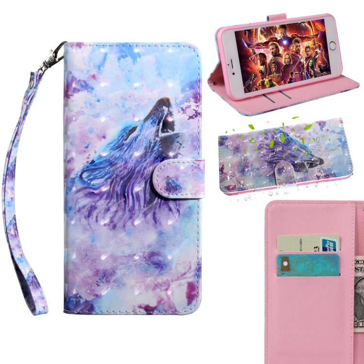 Purple wolf patterned flip phone case with card slots and wrist strap, with stand.