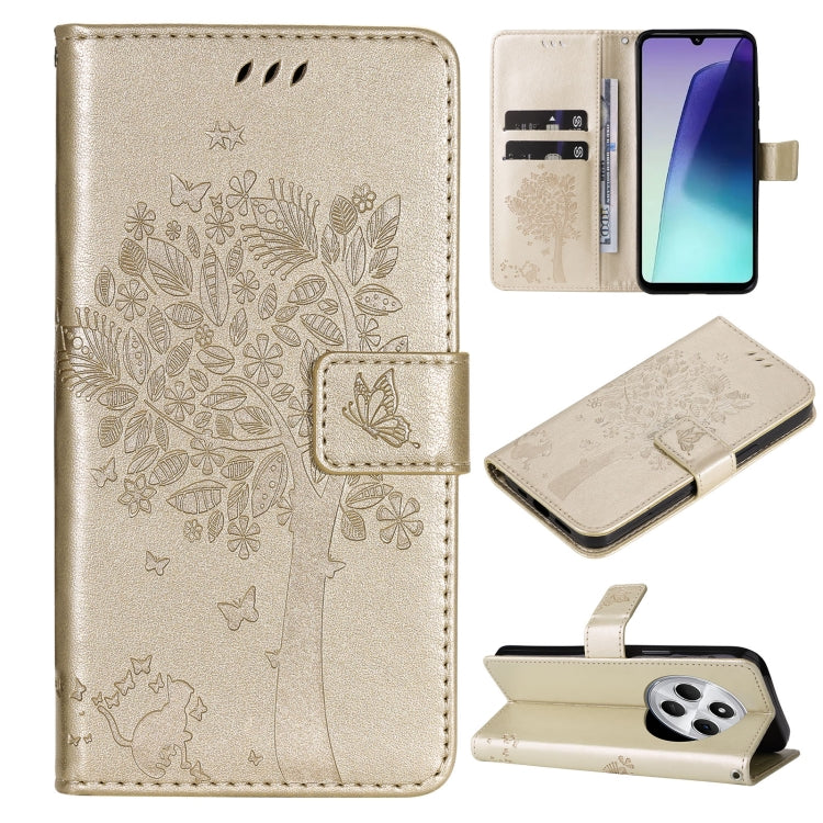 Tree & Cat Embossed Pattern Flip Leather Phone Case, For Redmi Note 14 Pro / 14 Pro+ 5G, For Redmi 14C 4G Global