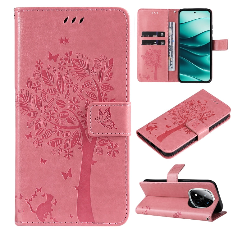 Tree & Cat Embossed Pattern Flip Leather Phone Case, For Redmi Note 14 Pro / 14 Pro+ 5G, For Redmi 14C 4G Global