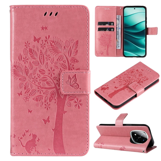 Pink tree and cat embossed flip leather phone case with butterfly pattern and card holder