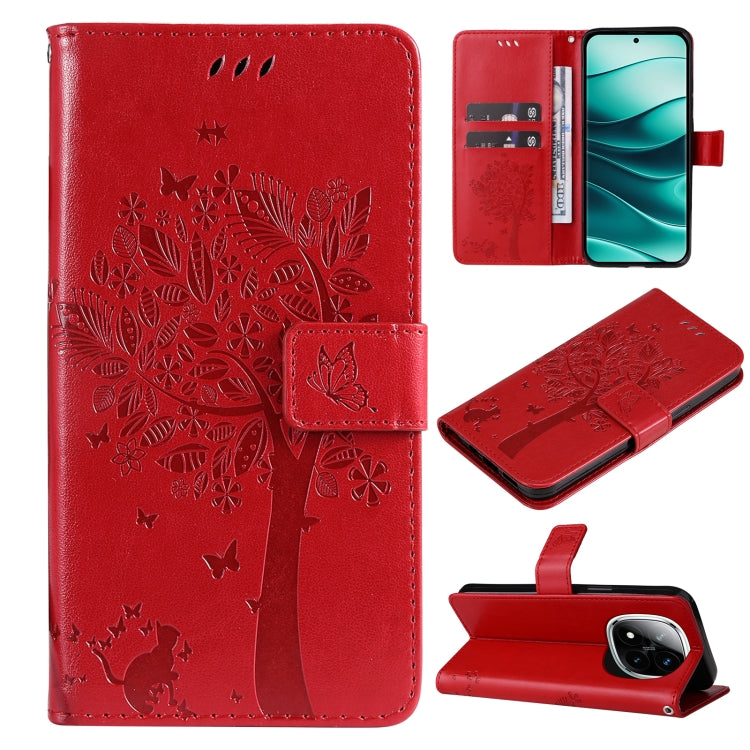 Tree & Cat Embossed Pattern Flip Leather Phone Case, For Redmi Note 14 Pro / 14 Pro+ 5G, For Redmi 14C 4G Global
