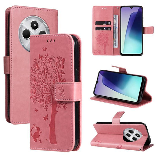 Pink flip leather phone case with tree and cat embossed design, card slots and stand