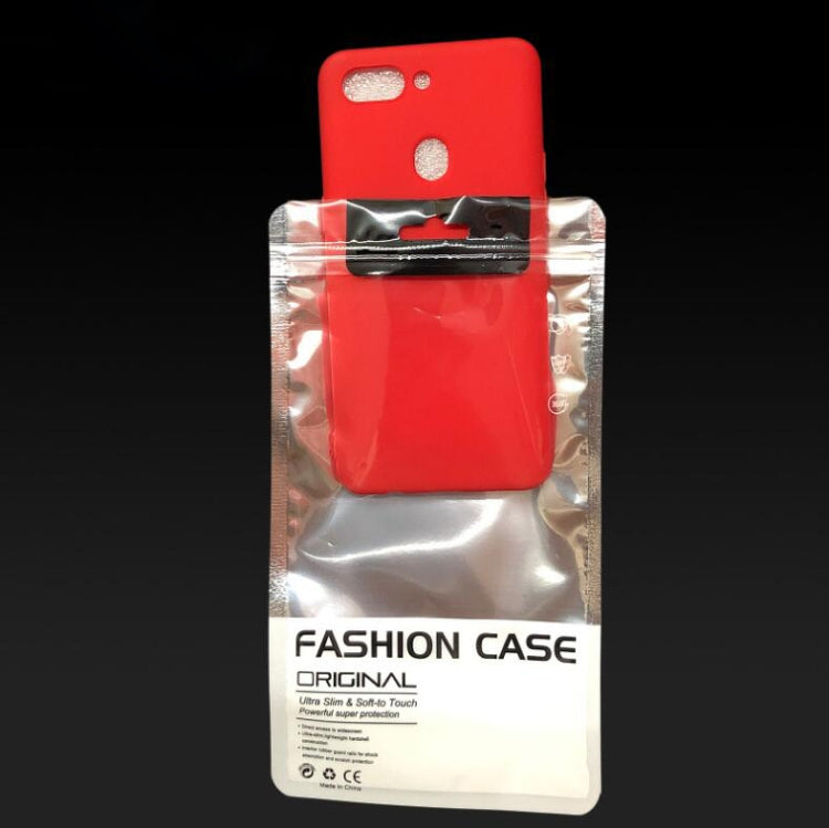 Silver self-sealing phone case packaging bag with red phone case inside