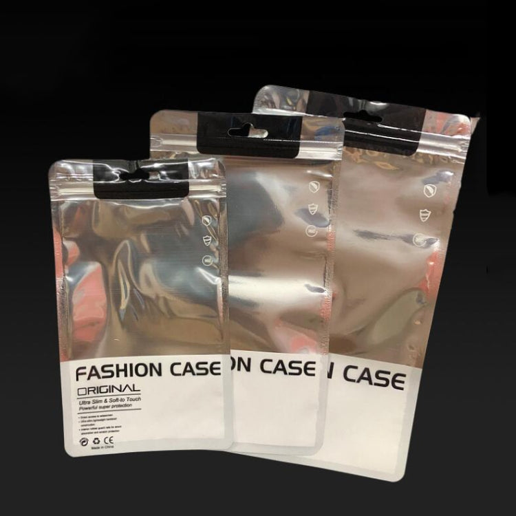 Three silver self-sealing phone case packaging bags with Fashion Case label