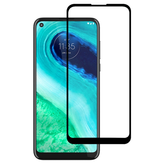 Full-screen tempered glass screen protector with adhesive, shown on a smartphone screen.