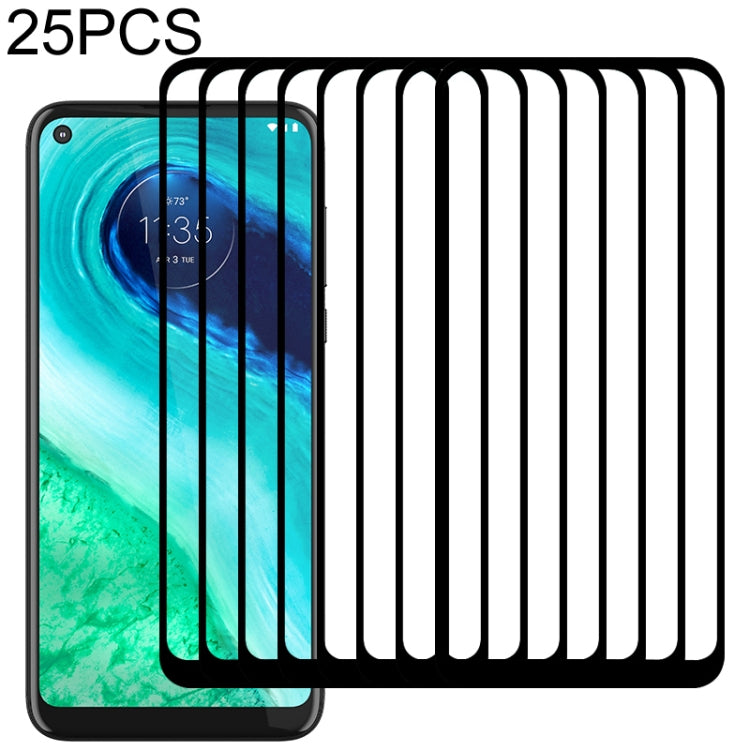 25-pack tempered glass screen protectors shown stacked for a smartphone