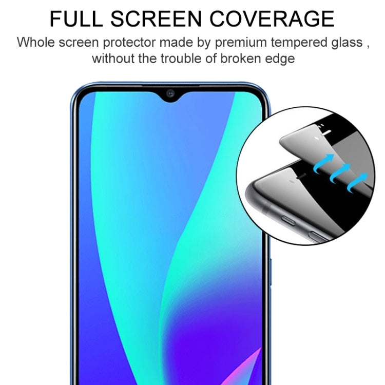 Full-coverage tempered glass screen protector film on a smartphone display, clear