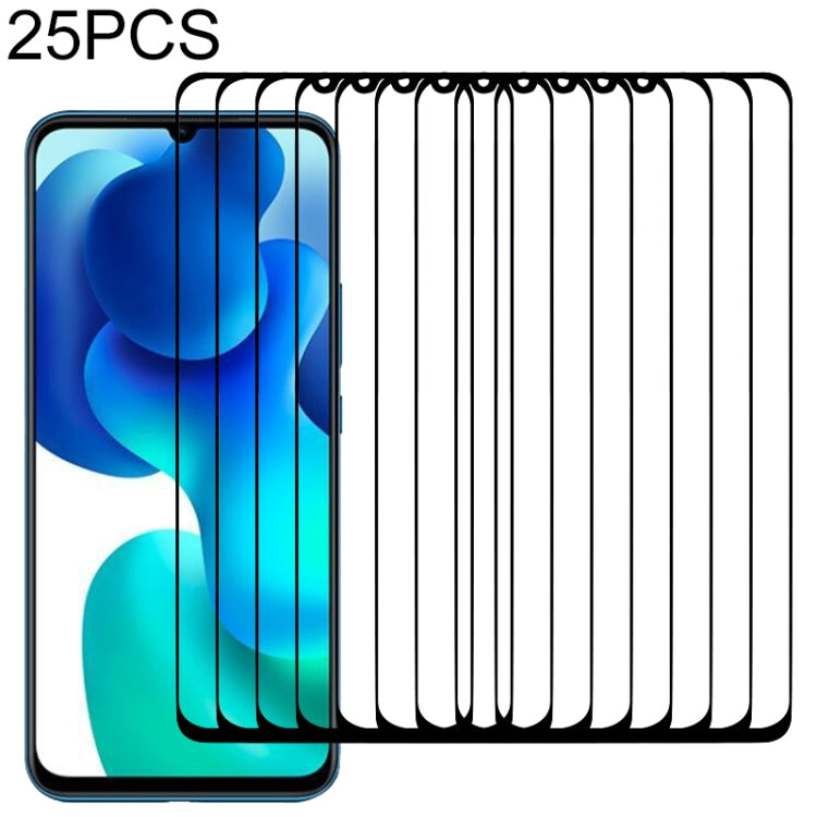 Set of 25 full-screen tempered glass screen protectors with adhesive, stacked