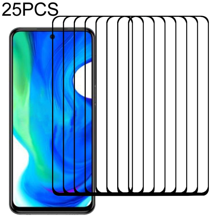 Set of 25 full-screen tempered glass screen protectors with adhesive, stacked over phone