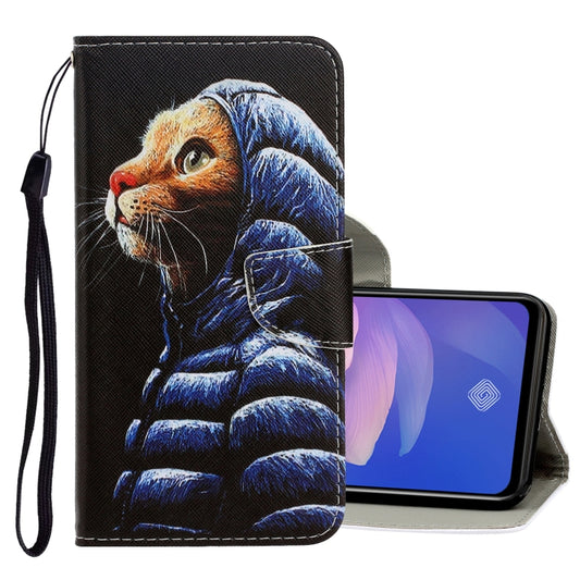 Flip PU leather phone case with cat drawing, magnetic strap, and card slots