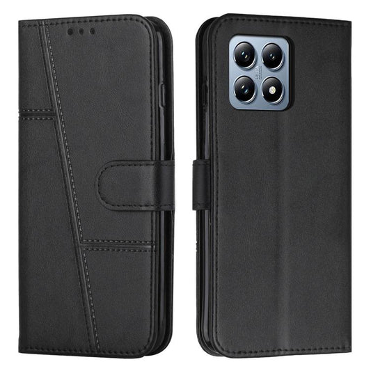 Black leather flip phone case with buckle, stitched texture, camera cutout