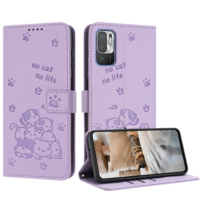 Embossed Kitten Phone Leather Case with Lanyard, For Xiaomi Poco M3 Pro 5G