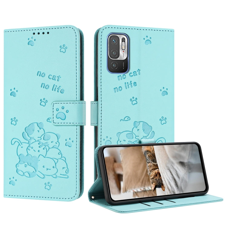 Embossed Kitten Phone Leather Case with Lanyard, For Xiaomi Poco M3 Pro 5G