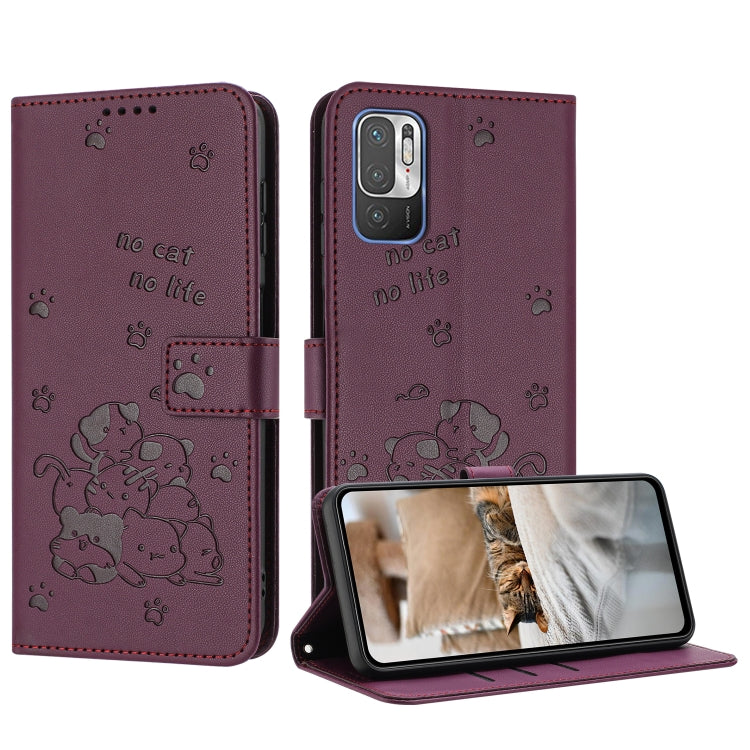 Embossed Kitten Phone Leather Case with Lanyard, For Xiaomi Poco M3 Pro 5G