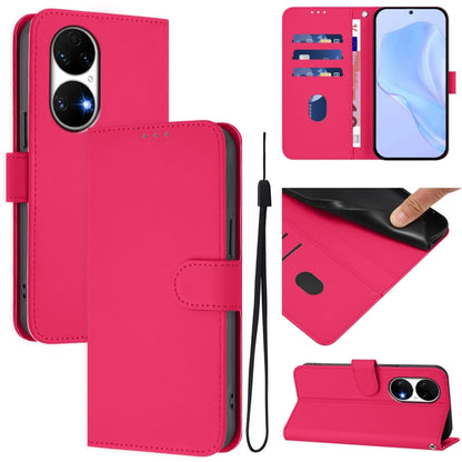 Skin Feel Solid Color Leather Phone Case with Lanyard, For Huawei P50