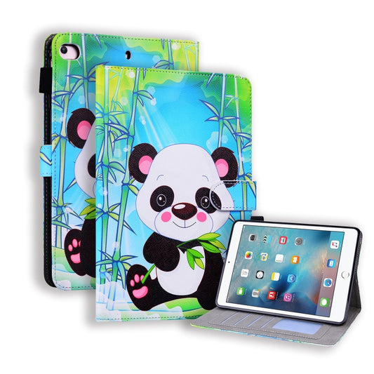 Horizontal flip leather iPad case with panda print, card slots, and stand