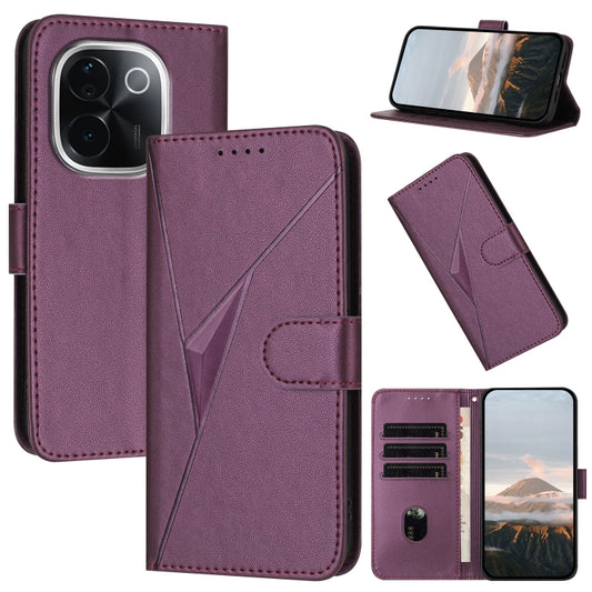 Dark purple leather flip phone case with triangle pattern and buckle strap closure