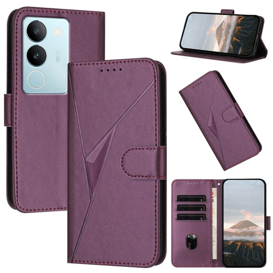 Dark purple leather phone case with triangle pattern, side strap, and magnetic clasp