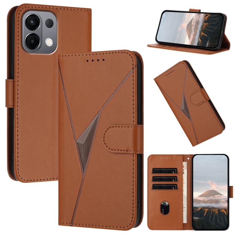 Tan leather phone case with triangle pattern, buckle clasp, card slots, and stand cover