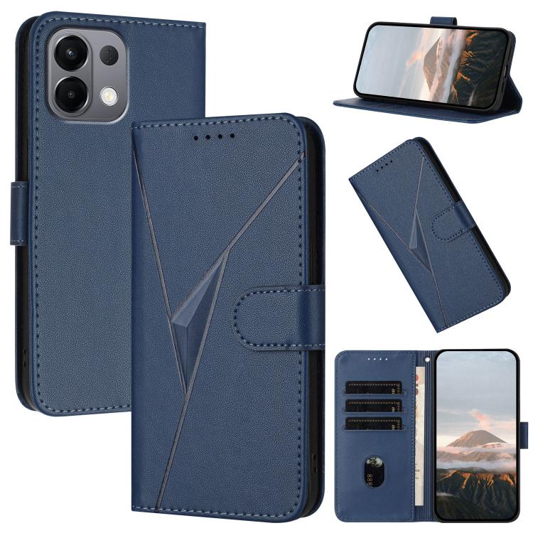 Blue leather phone case with triangle pattern, buckle clasp flip cover and card slots