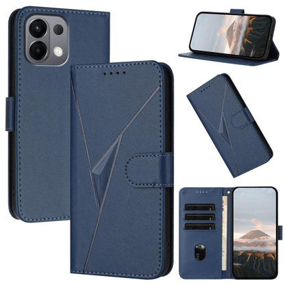 Blue leather phone case with triangle pattern, buckle clasp flip cover and card slots