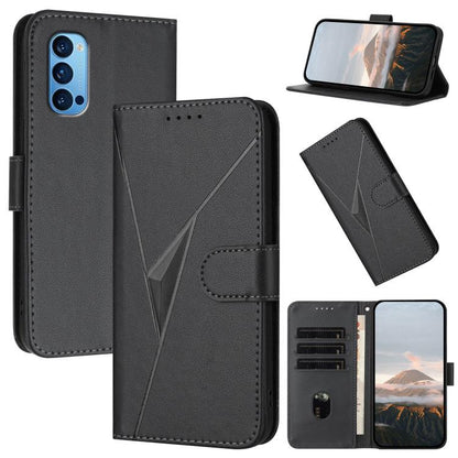 Dark gray leather phone case with triangle pattern, buckle clasp, card slots, and stand cover