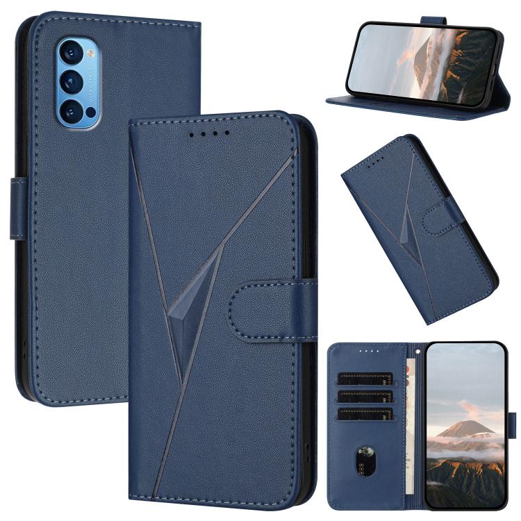 Blue leather phone case with triangle pattern, buckle clasp, card slots, and stand cover