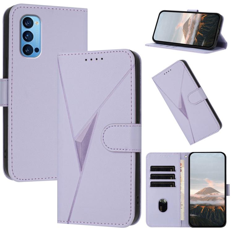 Light purple leather phone case with triangle pattern, buckle clasp, card slots, and stand cover