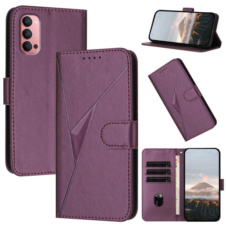 Dark purple leather phone case with triangle pattern, buckle clasp and card slot