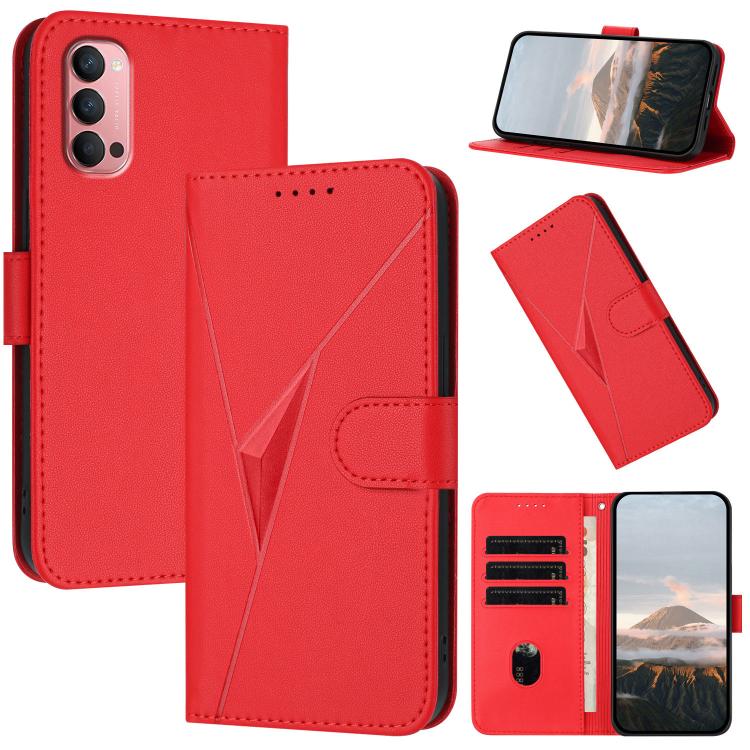 Red leather phone case with triangle pattern, buckle clasp and card slot
