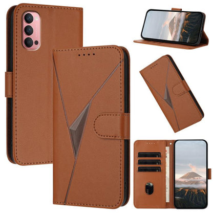 Brown leather phone case with triangle pattern, buckle clasp and card slot
