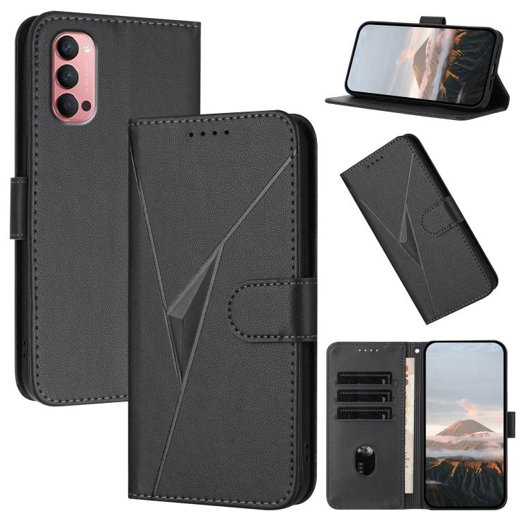 Black leather phone case with triangle pattern, buckle clasp and card slot