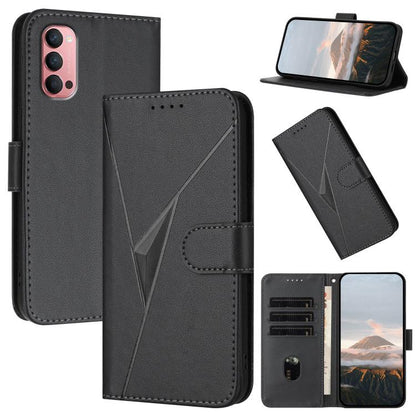 Black leather phone case with triangle pattern, buckle clasp and card slot