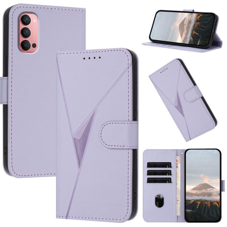 Light purple leather phone case with triangle pattern, buckle clasp and card slot