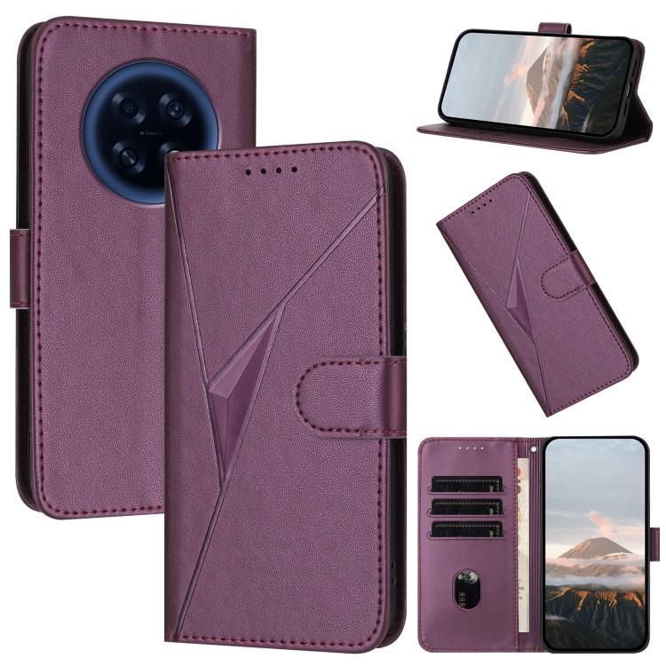 Purple leather phone case, triangle pattern and buckle clasp, card slot flap