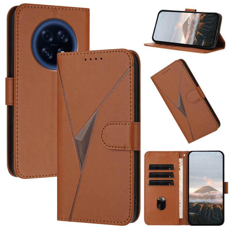 Brown leather phone case, triangle pattern and buckle clasp, card slot flap