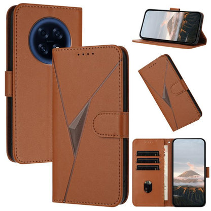 Brown leather phone case, triangle pattern and buckle clasp, card slot flap