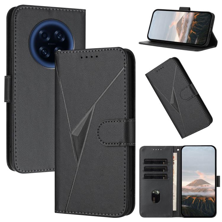 Black leather phone case, triangle pattern and buckle clasp, card slot flap