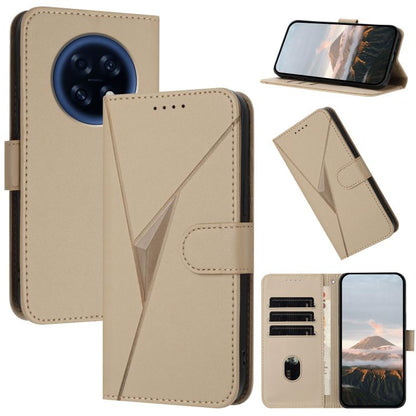 Beige leather folio phone case with triangle pattern and buckle clasp, card slots and kickstand