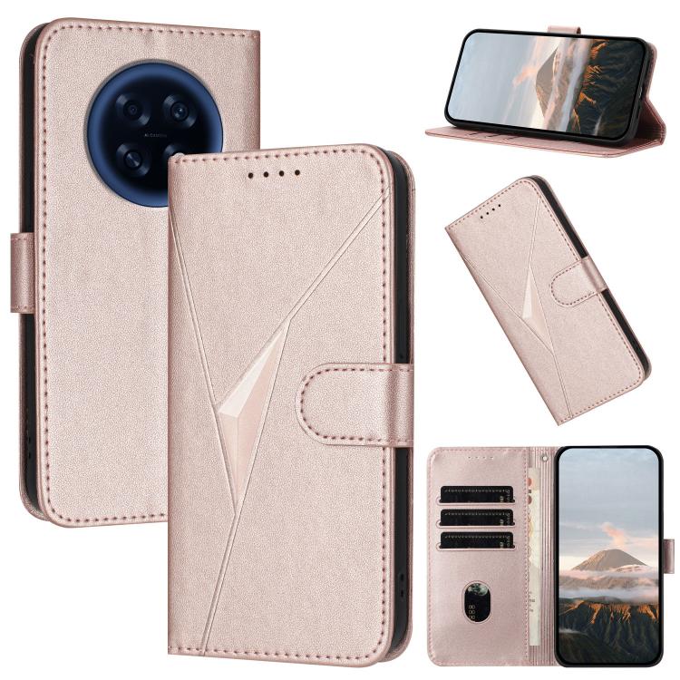 Pink leather folio phone case with triangle pattern and buckle clasp, card slots and kickstand