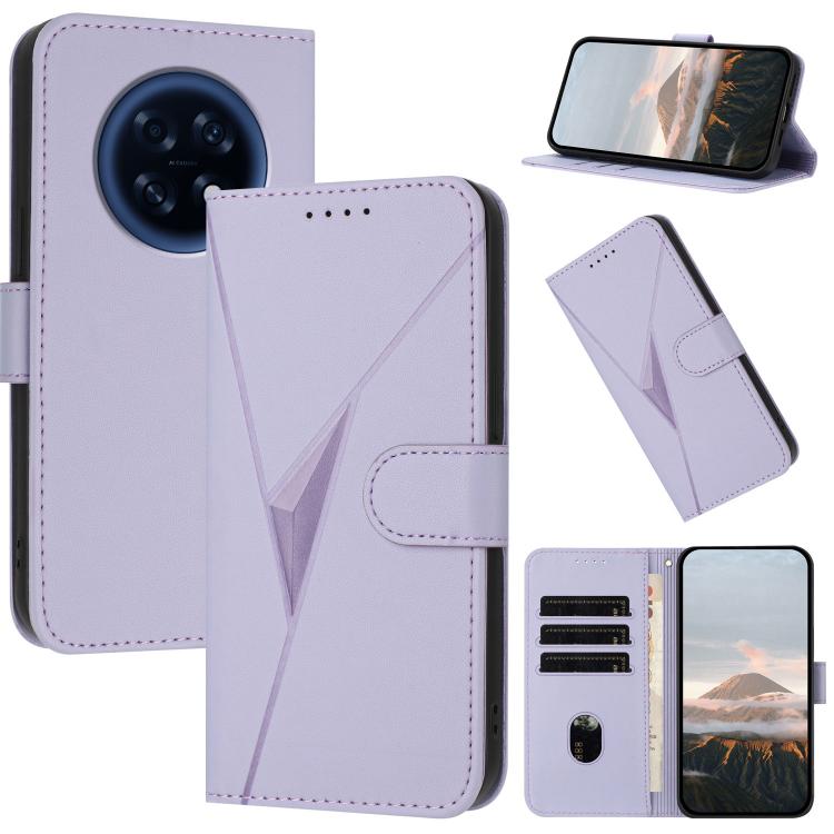 Light purple leather folio phone case with triangle pattern and buckle clasp, card slots and kickstand
