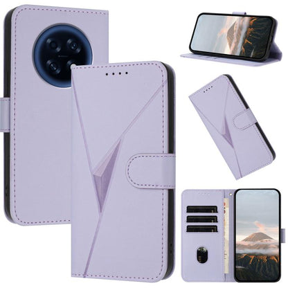 Light purple leather folio phone case with triangle pattern and buckle clasp, card slots and kickstand