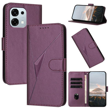 Dark purple triangle-pattern leather phone case with buckle clasp and card slots.