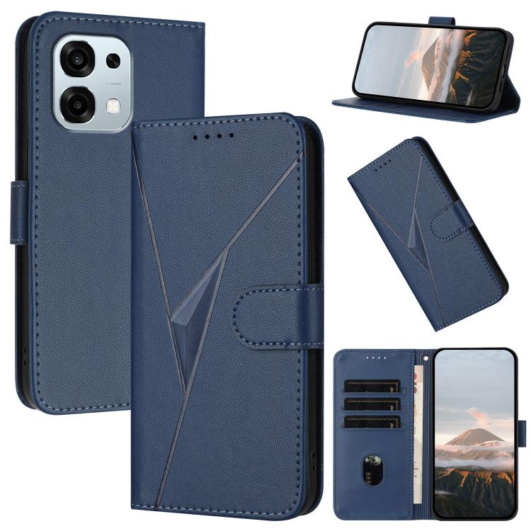 Royal blue leather phone case, triangle pattern and buckle clasp, card slot flap