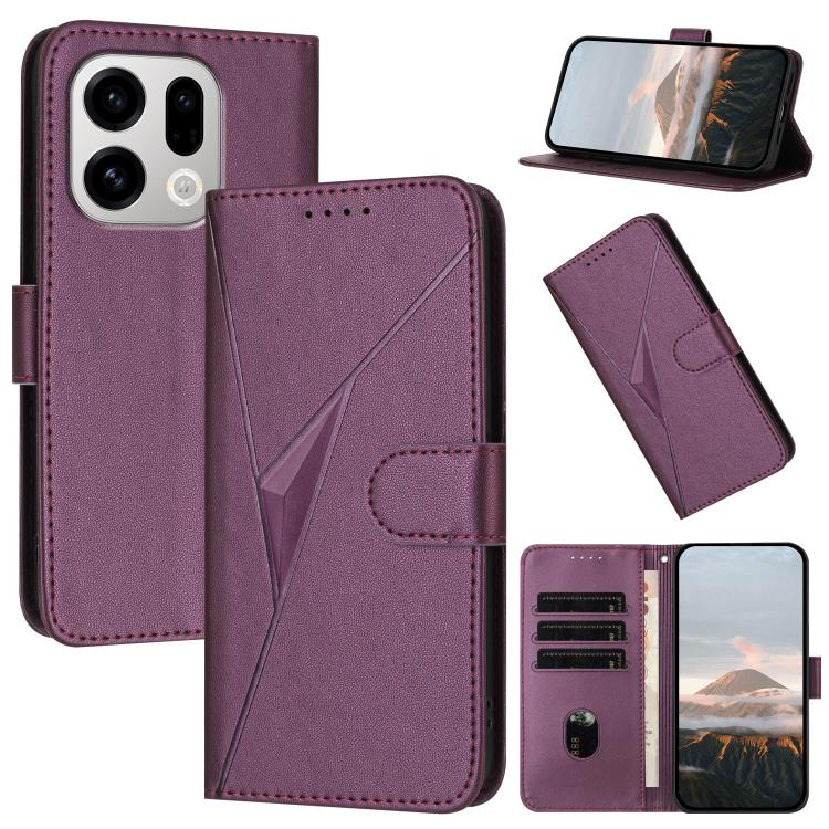 Purple leather phone case with triangle pattern, buckle clasp, and card slots