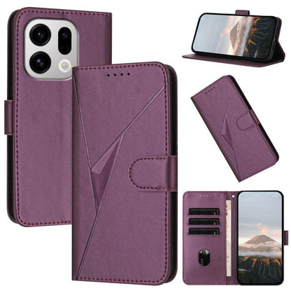 Purple leather phone case with triangle pattern, buckle clasp, and card slots