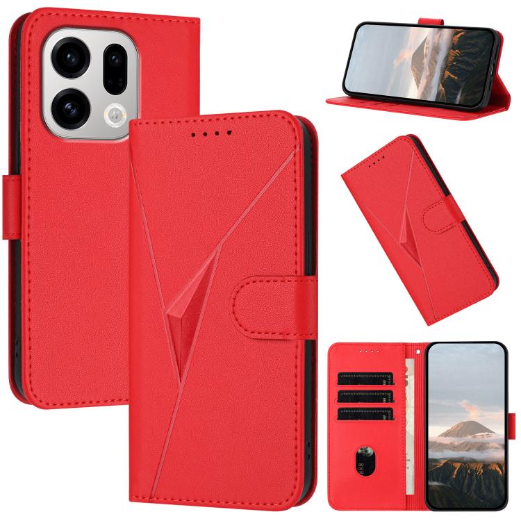 Red triangle-pattern leather phone case with buckle clasp and card slots.